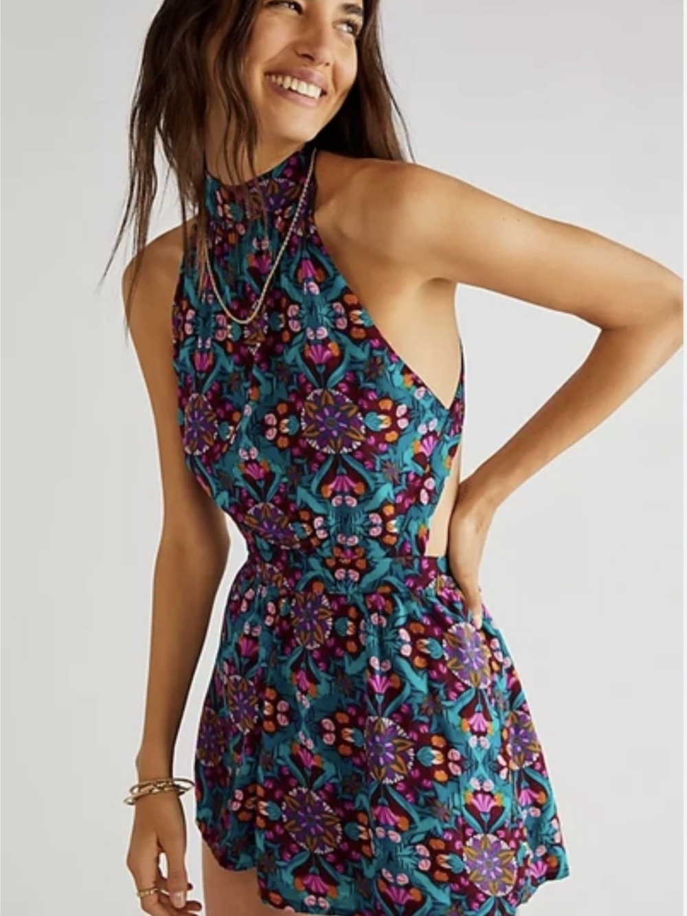 Free People Teal & Purple Floral Halter Romper